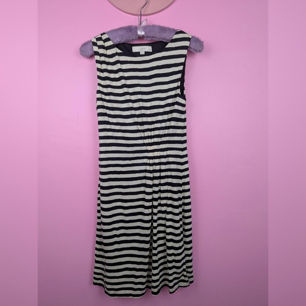 Ann Taylor Loft Petites Black & White Horizontal Striped Ruched Sleeveless Dress
